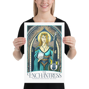 Product mockup of Giclée art print of an Elven Enchantress under an ornate arch, holding a crystal ball and electric guitar. With rich colors, magical hues, and intricate typography, it includes the title “The Enchantress” and tagline “Mesmerizing with Melody and Magic.”
