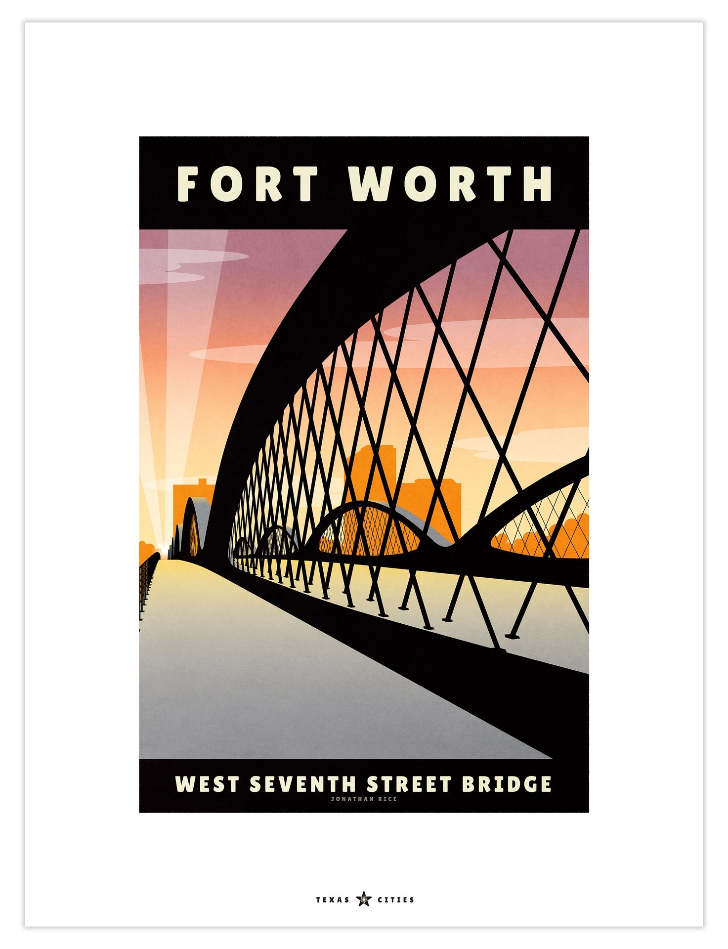 Fort Worth, Texas 7th Street Bridge vintage travel poster in retro illustration style