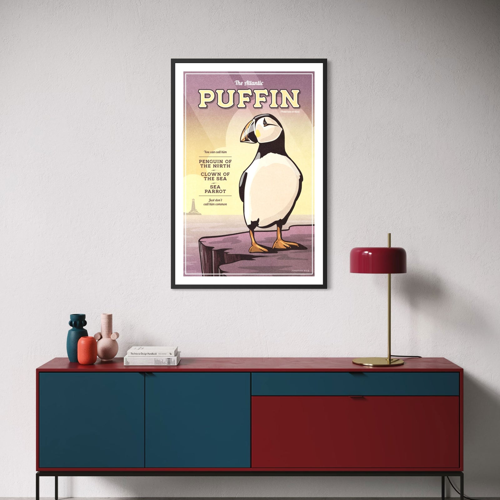 Atlantic Puffin vintage wildlife poster featuring humorous coastal bird illustration