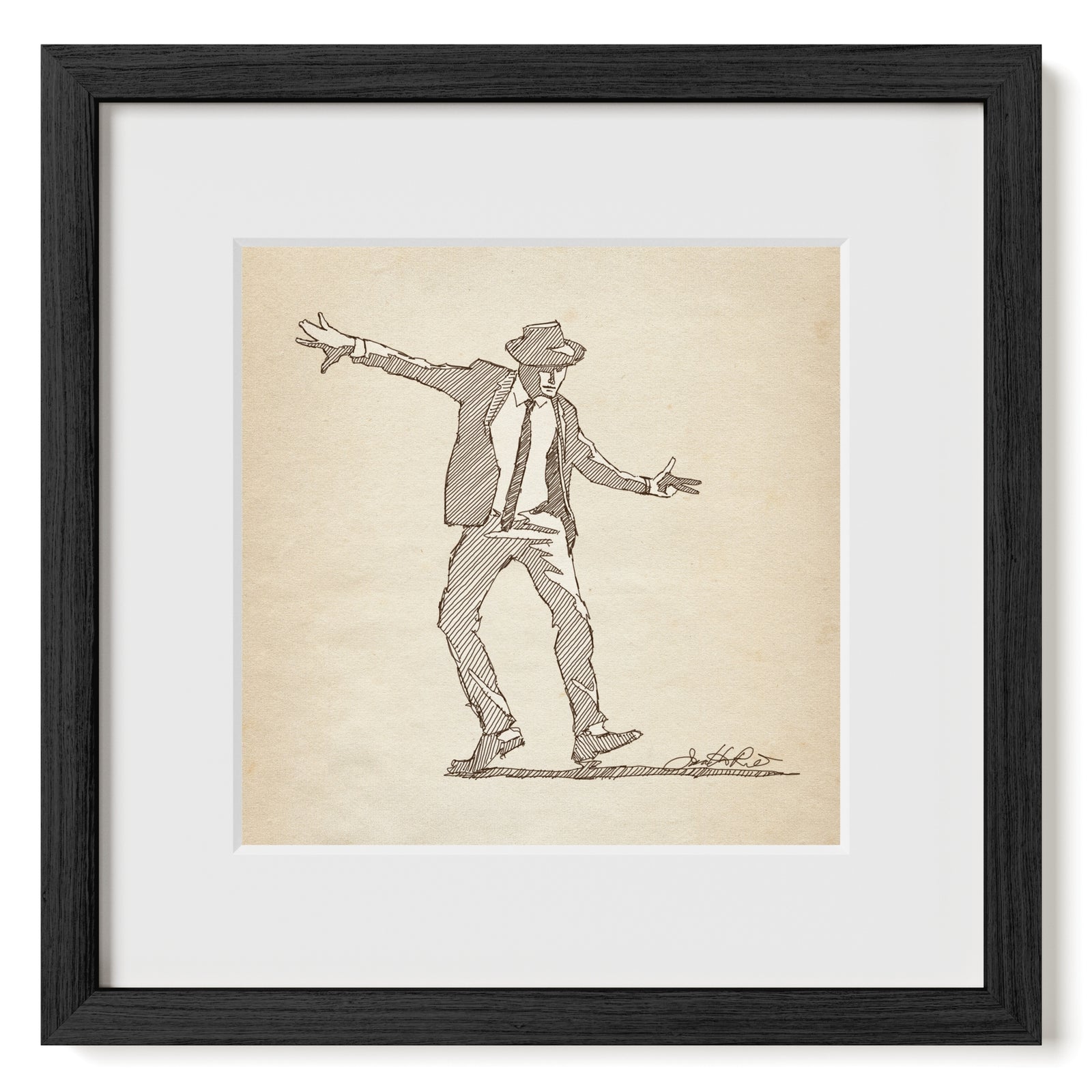 Original digital pen-and-ink sketch by Jonathan Rice depicting a male dancer wearing a fedora, with arms extended and knees bent in an energetic dance pose. Matted and Framed.
