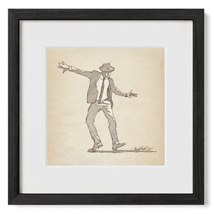 Original digital pen-and-ink sketch by Jonathan Rice depicting a male dancer wearing a fedora, with arms extended and knees bent in an energetic dance pose. Matted and Framed.
