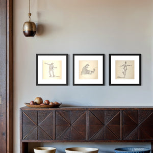 Music & Dance Gallery Set of 3 with two framed dancer sketches and one pianist illustration arranged horizontally above a carved console, creating a coordinated vintage-inspired gallery wall.