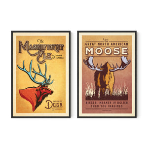 Elk and Moose wildlife gallery series of two in black frames