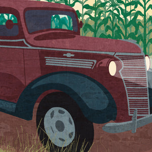 Detail of 1938 Chevy Stakebed Truck illustration showing the red classic truck, wooden stake bed and cornfield