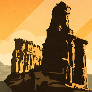 Close-up detail of the Palo Duro Canyon State Park poster highlighting the stylized Lighthouse formation, dramatic canyon cliffs, and vintage-inspired typography.