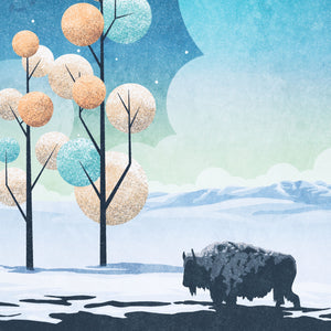 Close-up detail of Yellowstone winter poster showing the textured bison, snow-covered landscape, stylized trees, mountains, and vintage-inspired illustration.