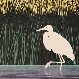 Detail of Galveston Island State Park poster showing a white egret among layered marsh grasses, reflective water, and textured sunset colors.