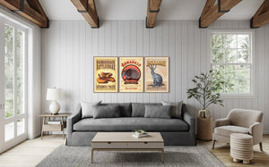 Three framed vintage animal posters displayed above a sofa in a rustic living room interior