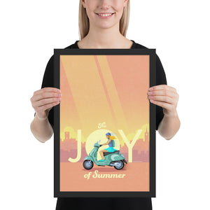 Product mockup of Italian scooter art print and poster. This poster captures the joy of riding a Vespa scooter through on a bright summer day with its bright vibrant colors, bold design, and headline “The Joy of Summer.”