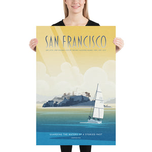 Product mockup of San Francisco Alcatraz travel poster print featuring a sailboat on the bay, illustrated in a retro vintage style with warm golden skies and blue coastal waters.