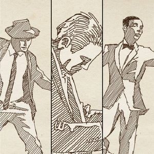 Close-up details of three original digital pen-and-ink illustrations by Jonathan Rice, featuring two vintage-inspired male dancers and a jazz pianist, highlighting expressive linework, crosshatching, and individual character.