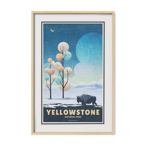 Yellowstone National Park winter bison poster displayed in a natural oak frame.