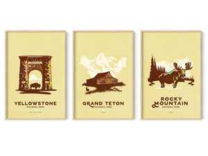 Yellowstone Grand Teton Rocky Mountain national park poster set by Jonathan Rice oak frame