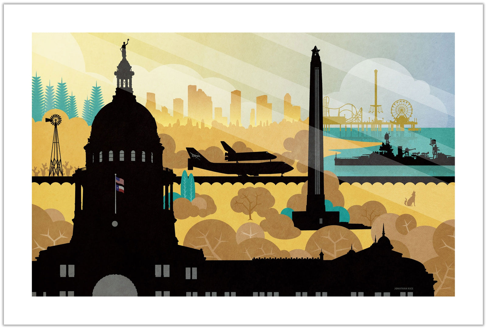 Lone Star Legacy Texas landmarks poster vintage style montage featuring capitol building, skyline, and coastal elements