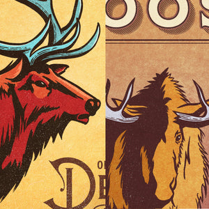 Detail view of Elk and Moose vintage wildlife illustrations with retro typography and textured artwork