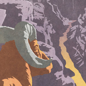 Close-up detail of Grand Canyon poster showing the textured bighorn sheep illustration, layered canyon walls, sunset colors, and vintage-inspired graphic treatment.