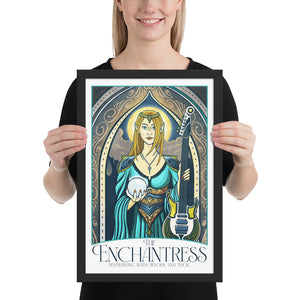 Product mockup of Giclée art print of an Elven Enchantress under an ornate arch, holding a crystal ball and electric guitar. With rich colors, magical hues, and intricate typography, it includes the title “The Enchantress” and tagline “Mesmerizing with Melody and Magic.”