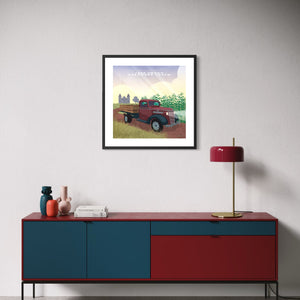 Framed 1938 Chevy Stakebed Truck vintage farm truck art print displayed above a modern credenza