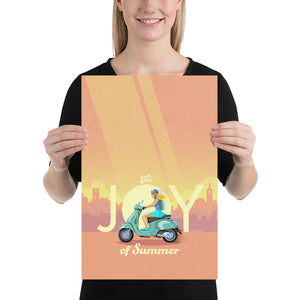 Product mockup of Italian scooter art print and poster. This poster captures the joy of riding a Vespa scooter through on a bright summer day with its bright vibrant colors, bold design, and headline “The Joy of Summer.”
