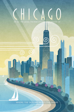 Vintage Chicago Shoreline Drive travel poster, fine art skyline illustration featuring John Hancock Center and Lake Michigan sailboats
