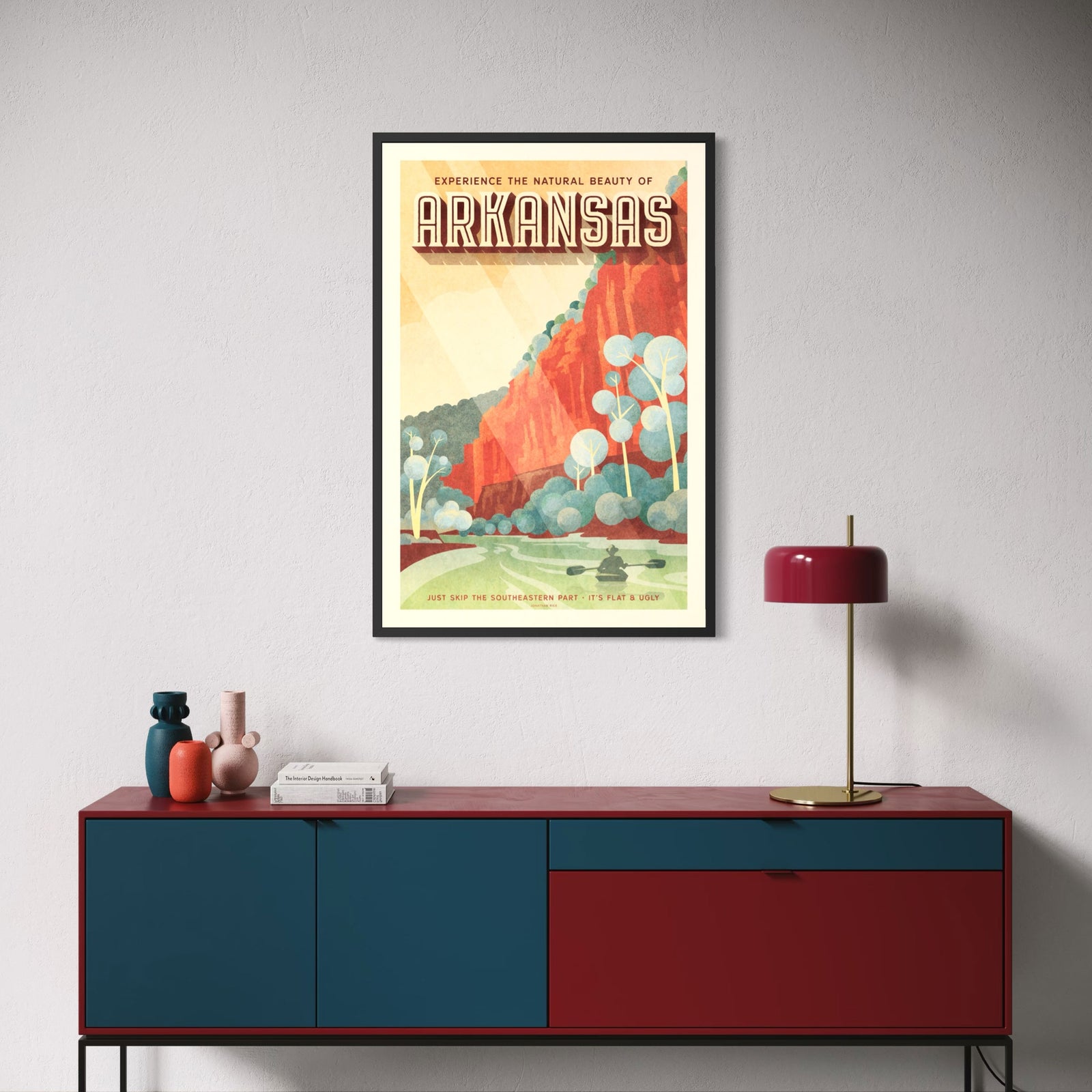 Vintage-inspired Arkansas travel poster featuring towering Ozark bluffs above a peaceful river with a lone canoe.