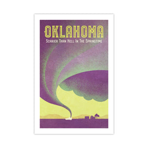 Unframed Oklahoma tornado art print featuring a dramatic funnel cloud over the plains in a vintage-inspired graphic style.