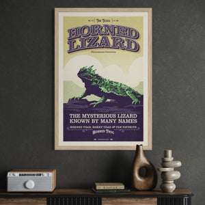 Framed Texas Horned Lizard poster displayed in dark modern interior with vintage-inspired decor