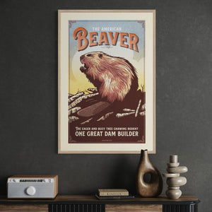 Framed American Beaver wildlife art print displayed in an oak frame in a mid-century modern interior