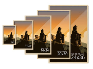 Five Oak wood framed art prints shown together, displaying available sizes from 8x12 to 24x36 inches
