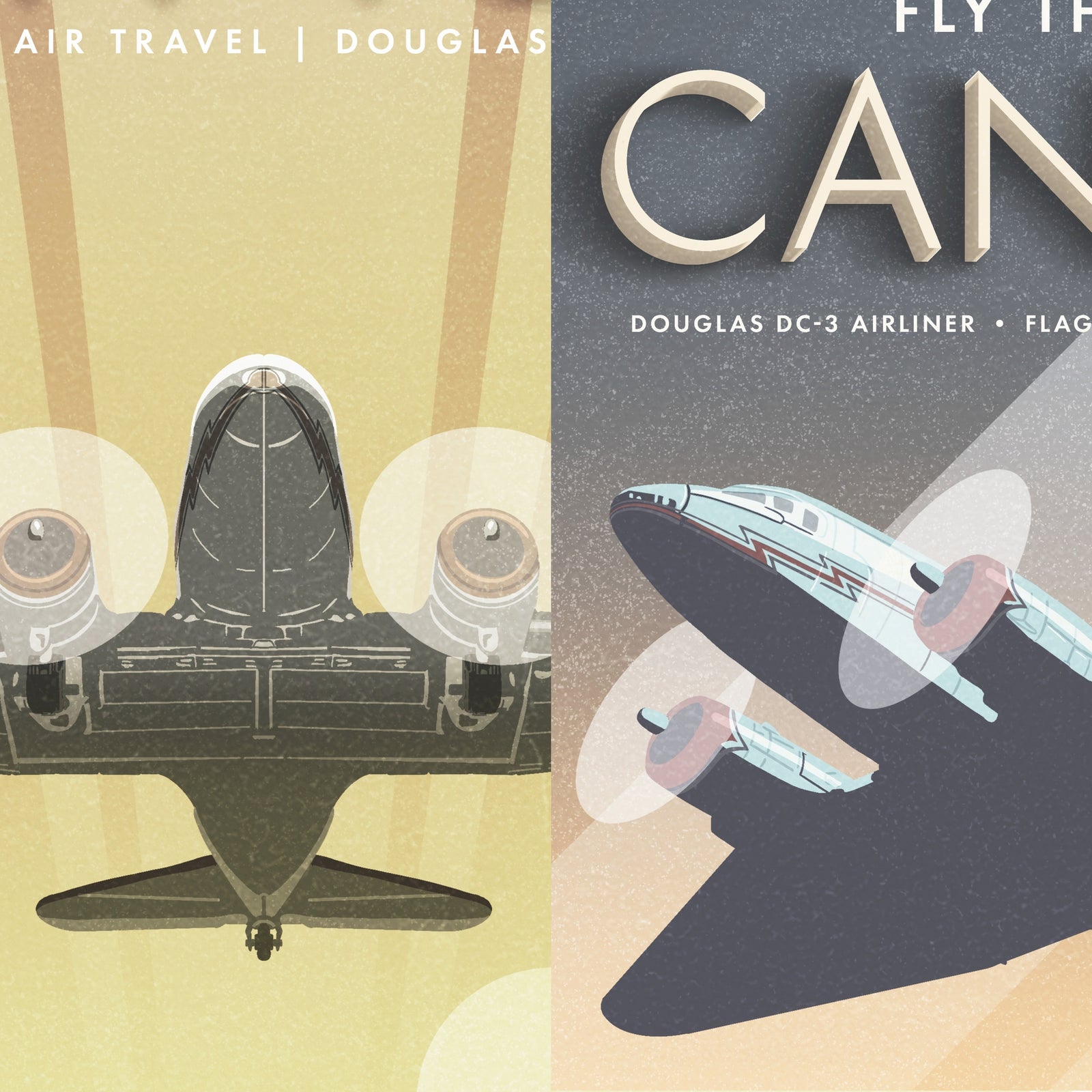 DC-3 New York City and Grand Canyon aviation art prints in black frames displayed as a gallery set above a modern white sofa