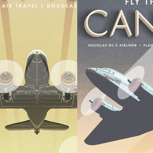 Detail view of matching DC-3 aviation posters featuring New York City and the Grand Canyon in vintage-inspired travel art style