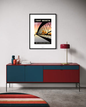 Fort Worth, Texas — 7th Street Bridge poster black frame living room wall mockup
