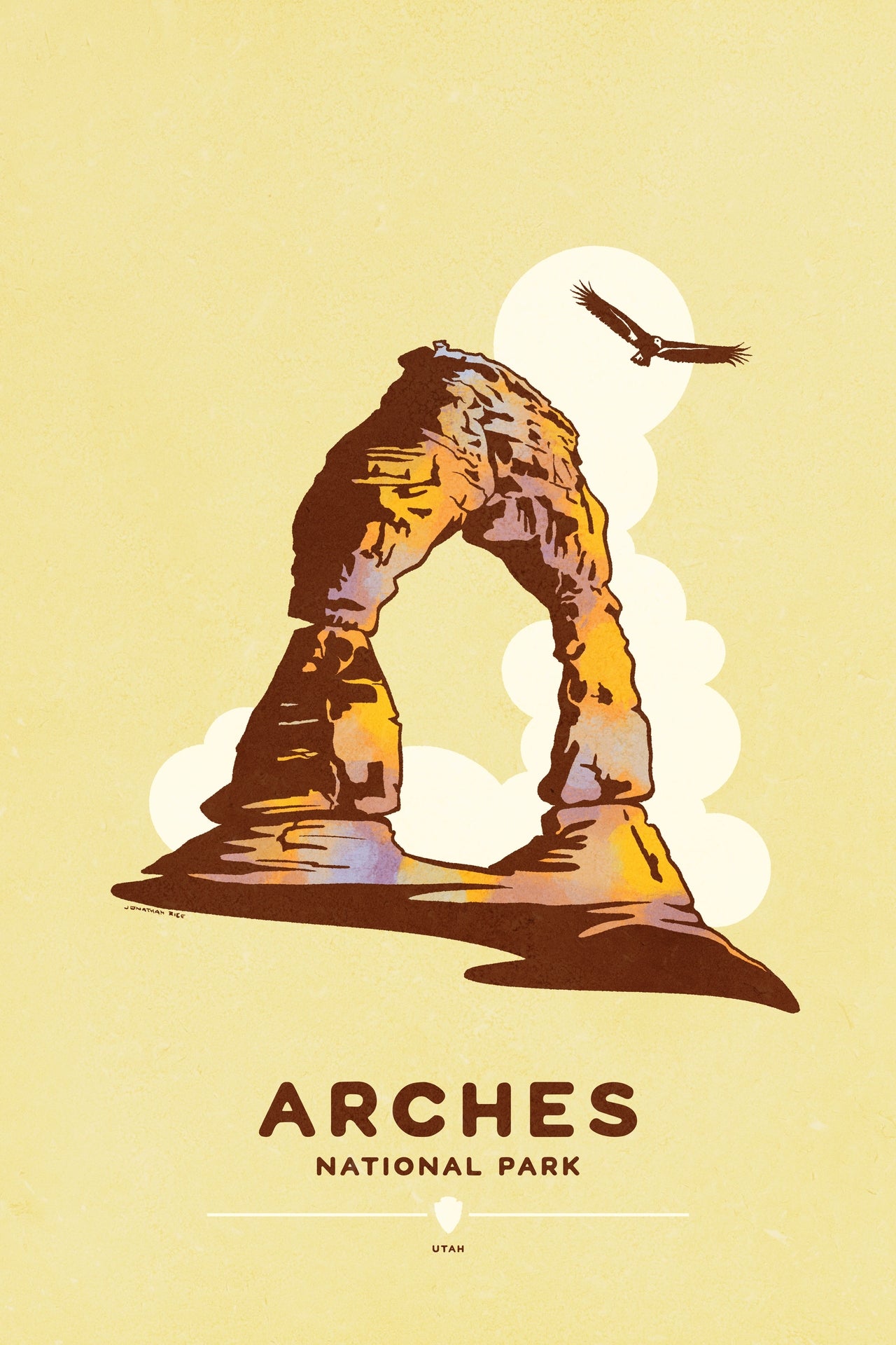 Arches National Park vintage travel poster featuring a graphic landscape in bold retro style