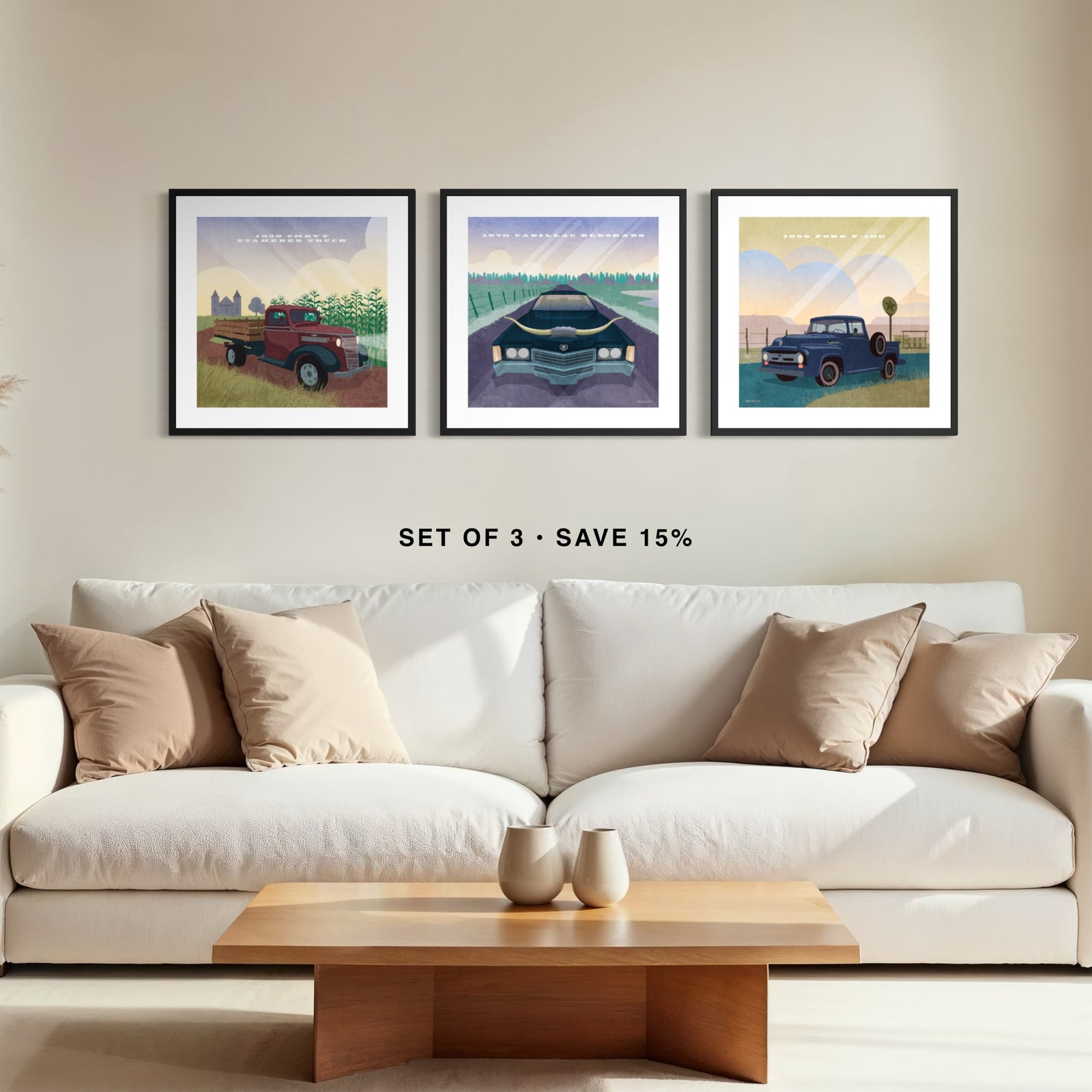 Western vehicle gallery wall set of three featuring a 1938 Chevy Stakebed Truck, Cadillac Eldorado with longhorns and 1956 Ford F-100 framed above a couch