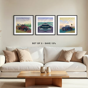 Western vehicle gallery wall set of three featuring a 1938 Chevy Stakebed Truck, Cadillac Eldorado with longhorns and 1956 Ford F-100 framed above a couch