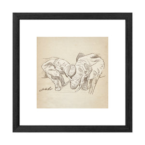 Framed art print featuring a sepia-toned sketch of two elephants facing each other, set within a white mat and a black frame.