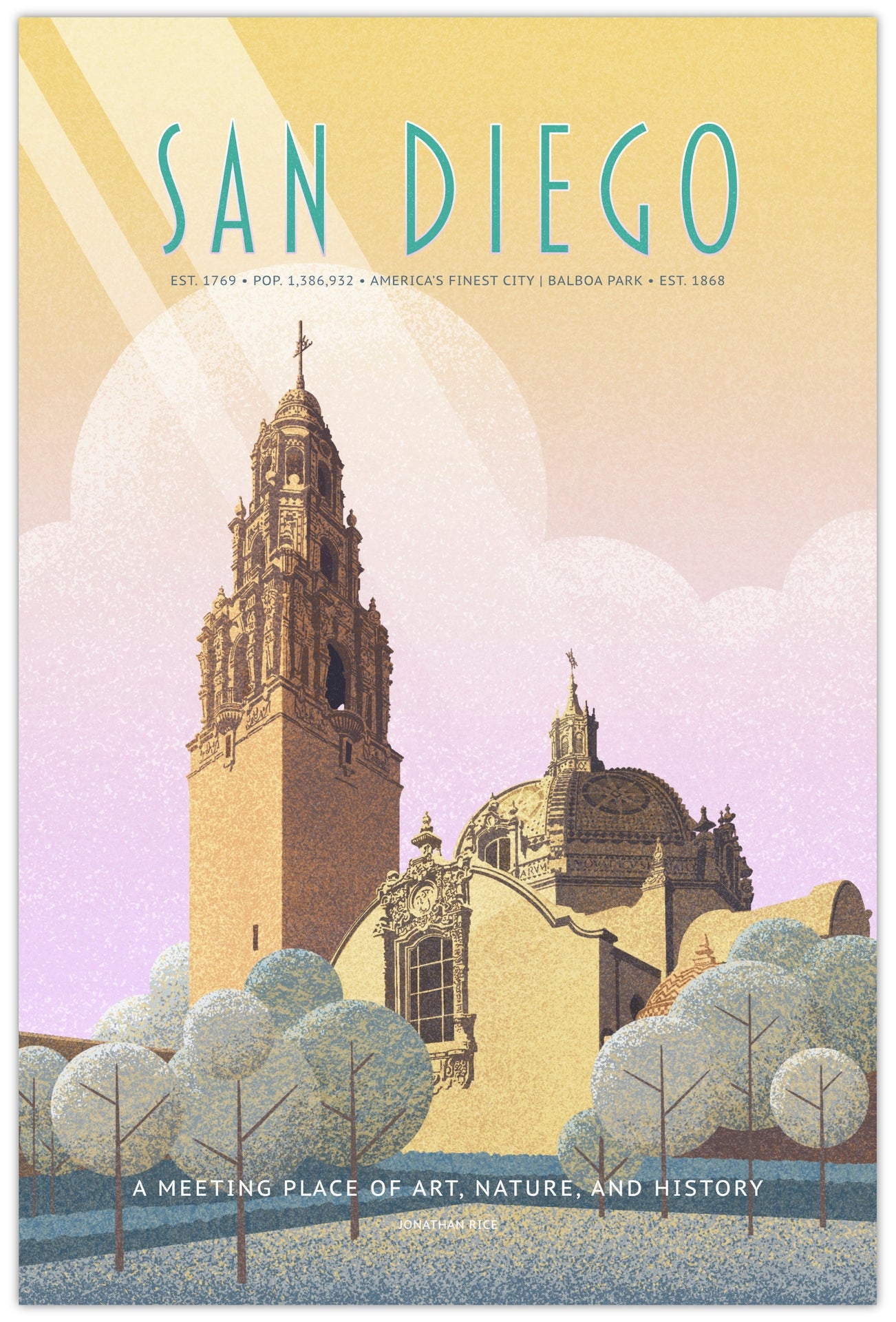 San Diego Balboa Park illustrated poster showing the California Tower and historic buildings in a classic WPA-inspired travel poster composition