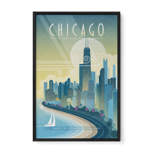 Framed Chicago Shoreline Drive travel poster in black wood frame, retro Chicago skyline wall art