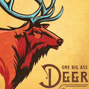 Detail of Magnificent Elk poster showing textured red elk illustration, oversized blue antlers, and vintage-inspired graphic details