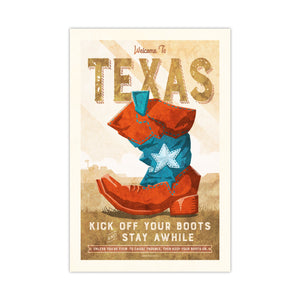 Unframed Welcome to Texas vintage cowboy boot art print featuring retro Western typography and Texas-inspired colors.