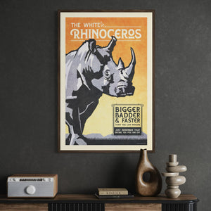 Framed White Rhinoceros poster displayed in a modern office