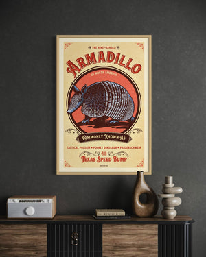 Armadillo poster by Jonathan Rice oak frame room mockup