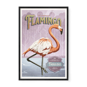 American Flamingo poster in a black frame
