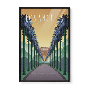 Los Angeles Santa Monica State Beach travel poster in a black wood frame, featuring a lifeguard tower, golden sunset sky, and coastal California scenery.