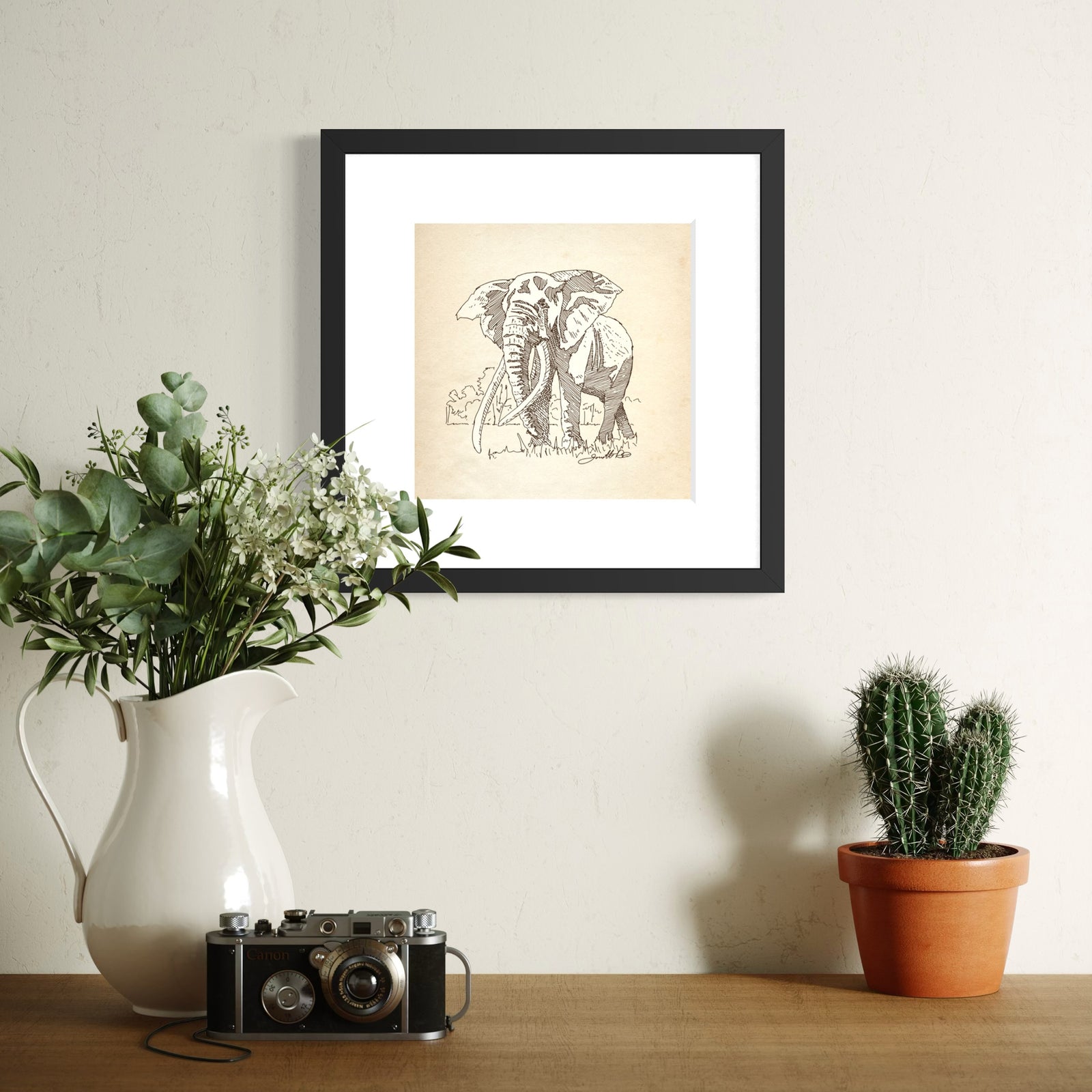 Bull Elephant fine-tip pen sketch art print matted and framed