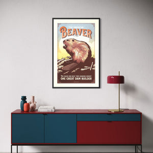 American Beaver vintage wildlife poster from the Creatures of Character collection by Jonathan Rice displayed frame over a modern credenza