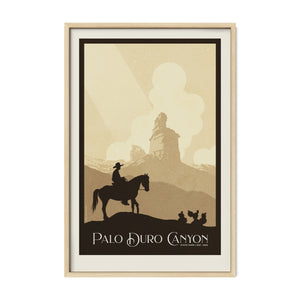 Natural oak framed Palo Duro Canyon cowboy poster showcasing a lone rider traveling through Palo Duro Canyon in a vintage western style.
