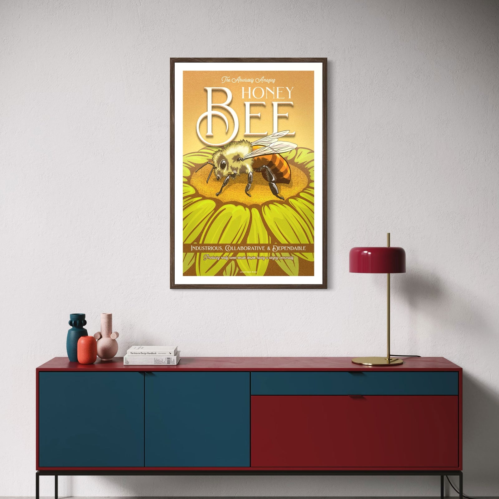 Vintage-inspired Honey Bee poster by Jonathan Rice featuring illustrated bee on sunflower