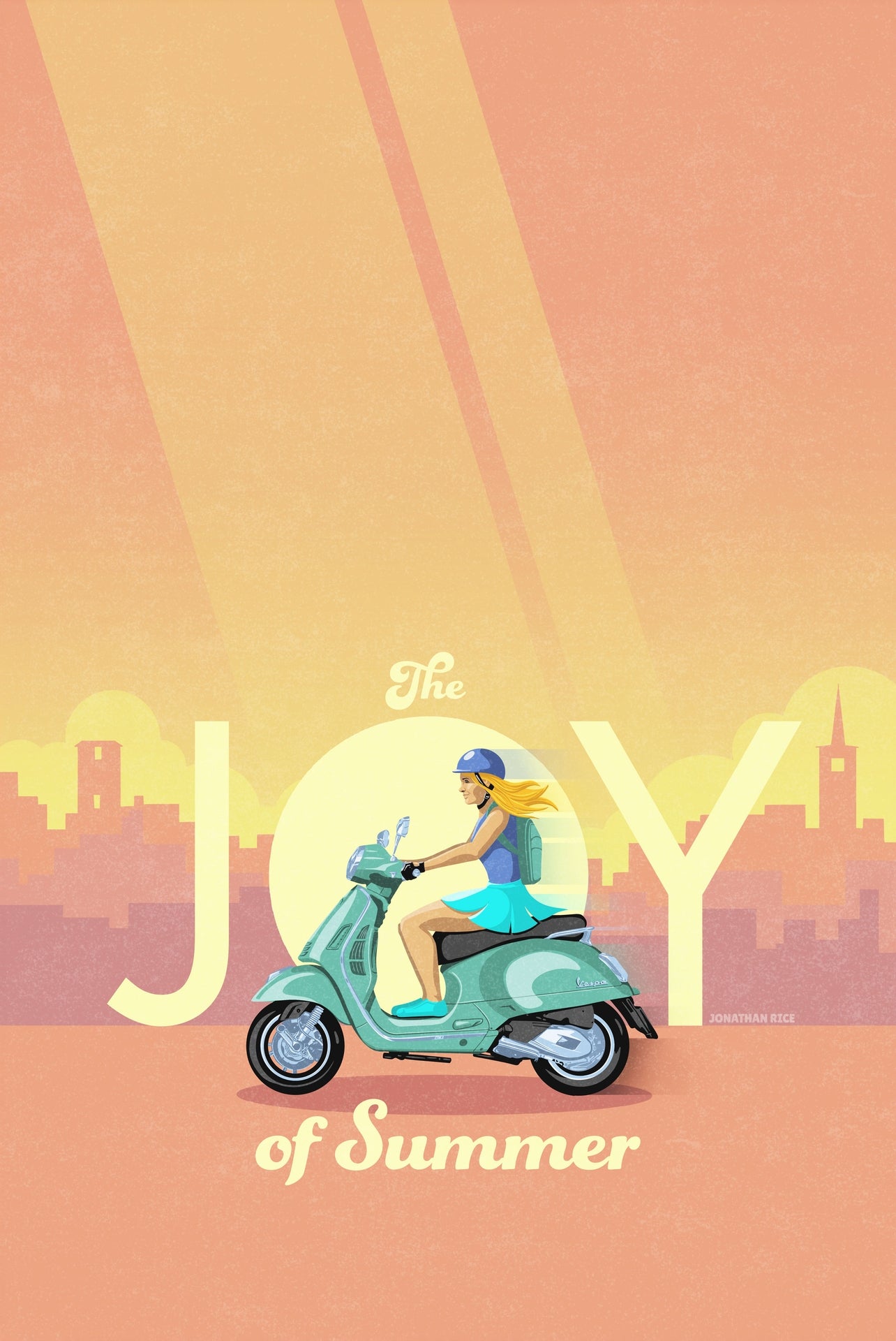 Vespa Italy poster featuring woman riding scooter through city in vintage travel poster style