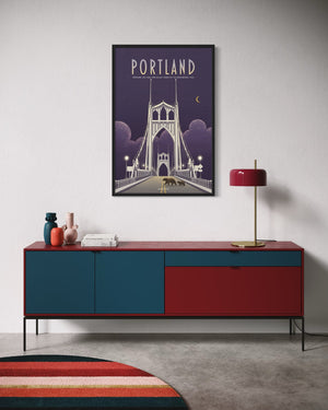 Portland St. Johns Bridge vintage travel poster displayed above a mid-century credenza, framed city art print